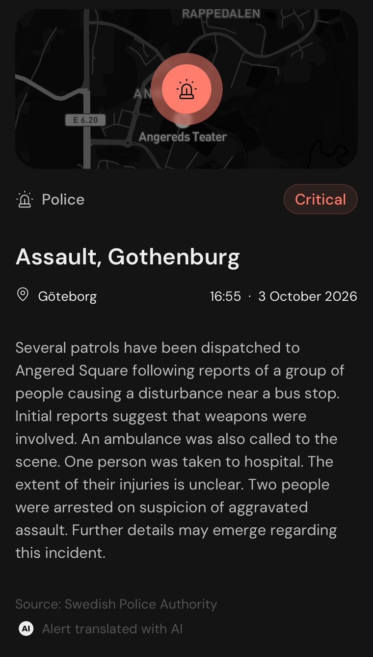 A Skouta alert on a phone. A map with a police marker, the category Police, the severity Critical, the title Assault, Gothenburg, the place and time, the translated alert text, then the lines Source: Swedish Police Authority and Alert translated with AI.